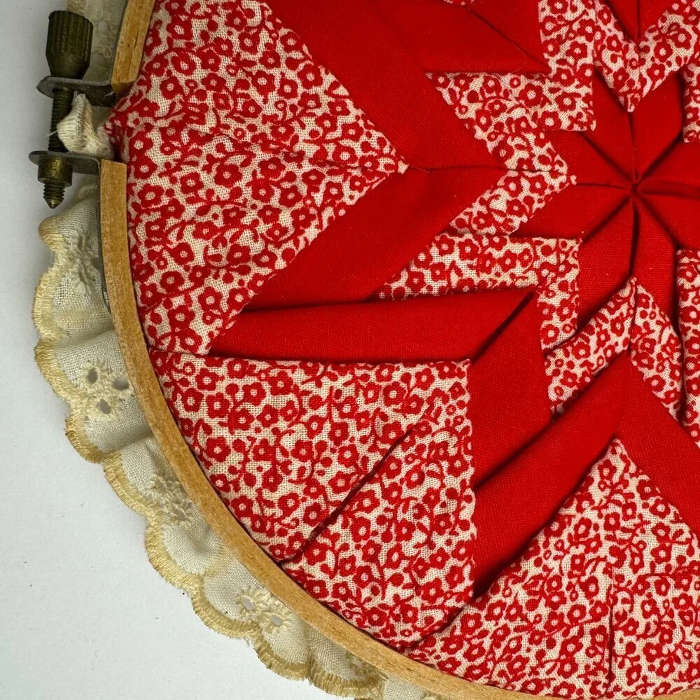 Vintage Red Folded Star Quilted Design Embroidery Hoop Wall ART Country Rustic